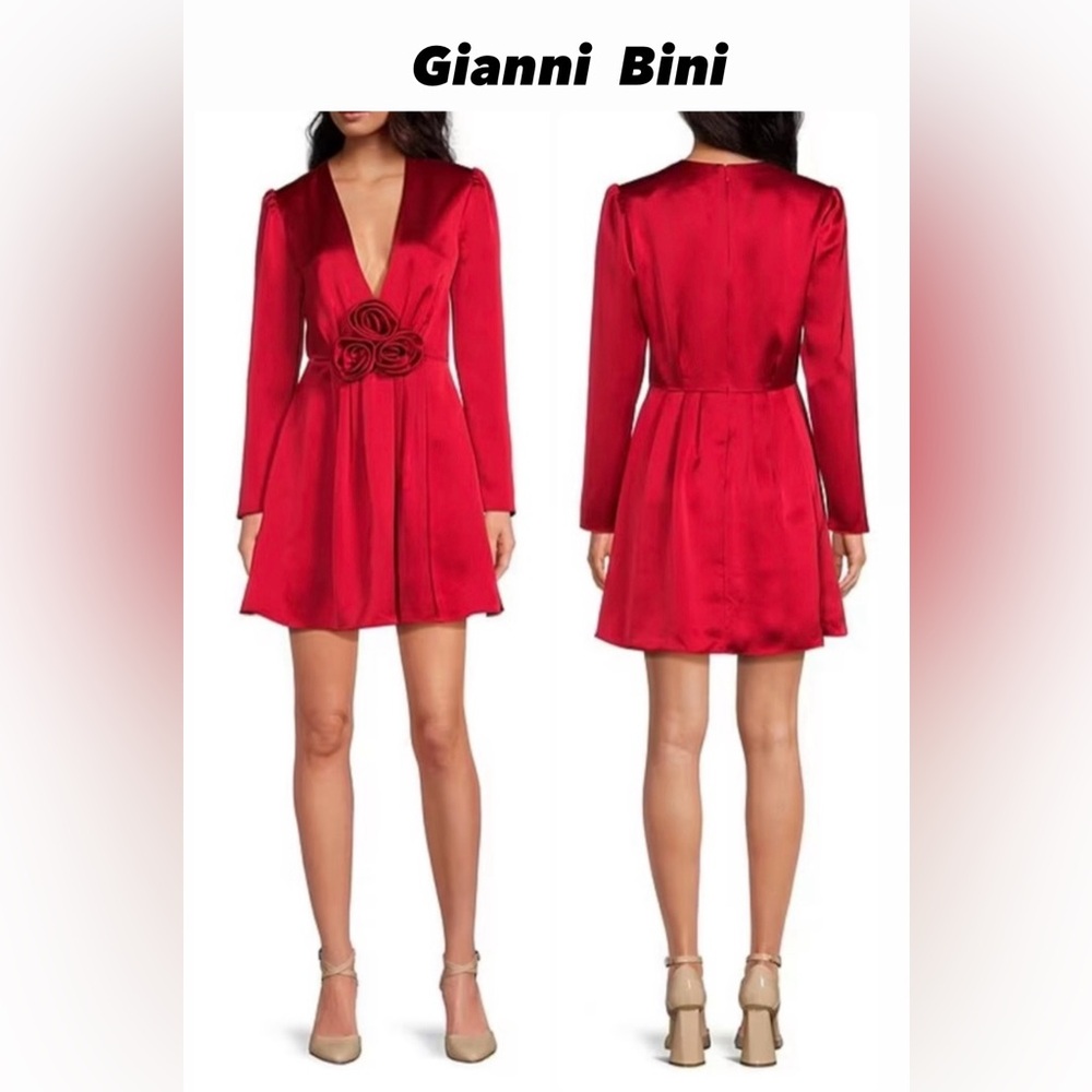 NWT Gianni Bini Bastian Satin V-Neck Rosette Long Sleeve A-Line Dress Size 2